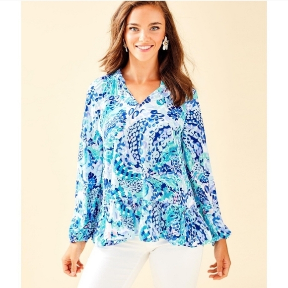 LILLY PULITZER Savanna Top in Turquoise Oasis Wave After Wave Size Small - Picture 1 of 9